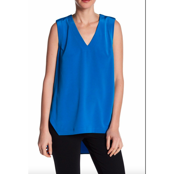 NWT~ $198~ DKNY Top Tunic Women V-neck‎ Sleeveless asymmetrical Cerulean Blue~S - Picture 1 of 4